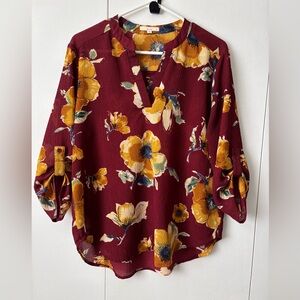 Floral Burgundy Women's Crinkle Tunic Top Large